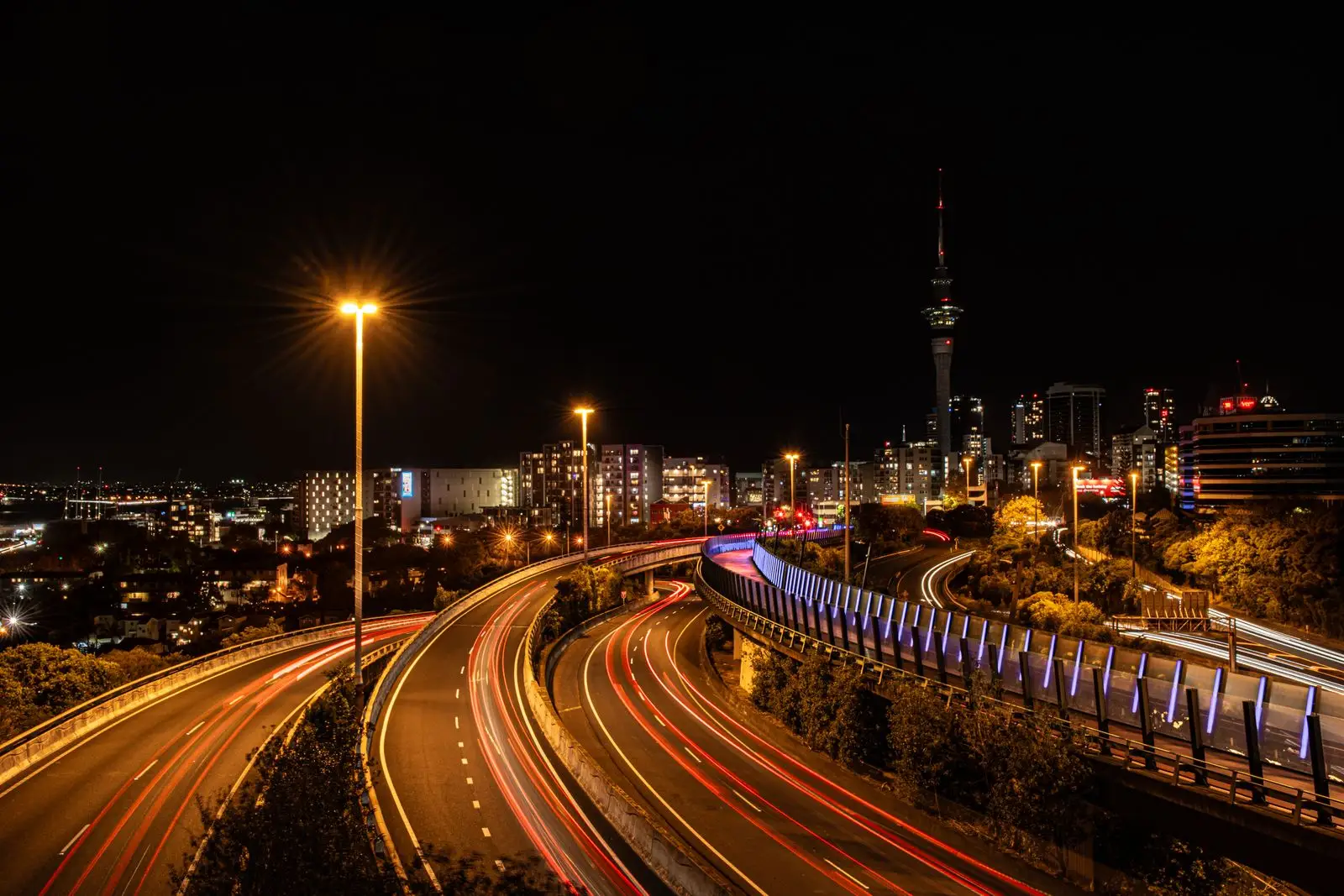 Auckland Sky Tower and motorways at night